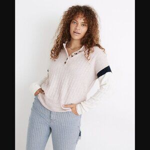 Madewell Striped Bowden Henley Sweater in Coziest Yarn Pink S‎